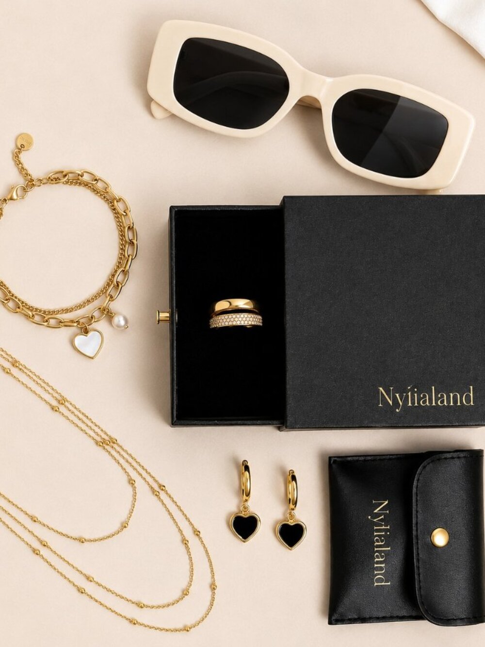 Nylialand Gold Layered Jewelry Set & Beige Rectangular Sunglasses Bundle